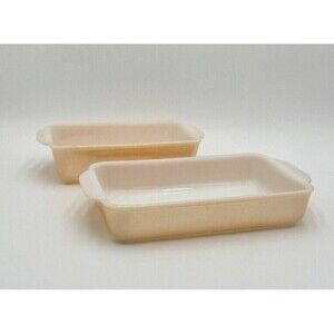Vtg Fire King Peach Luster #409 Loaf and #410 Casserole Dishes Both Reverse Logo